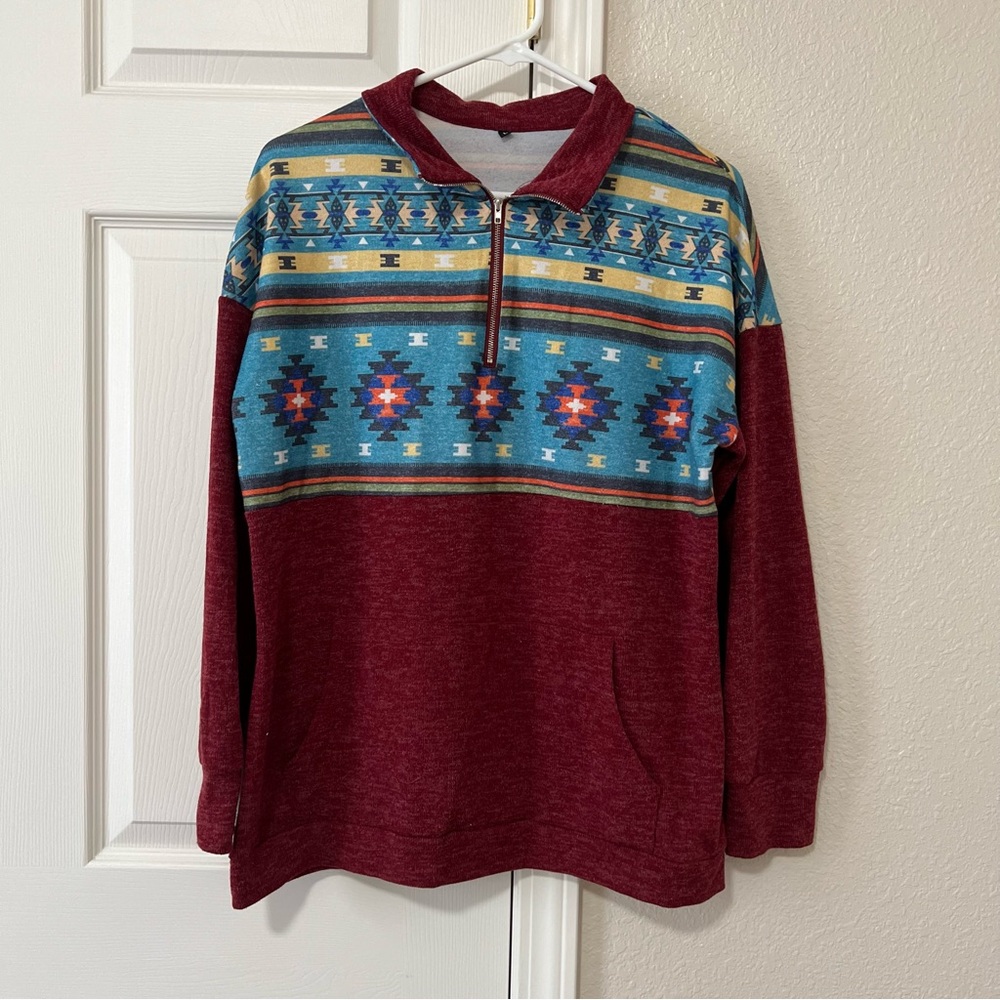 EUC Aztec Quarter Zip Pullover with Front Pocket- Large